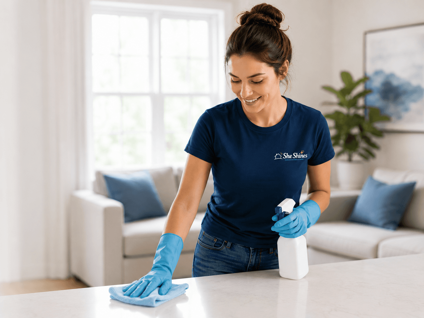 A She Shines cleaner wiping down a countertop